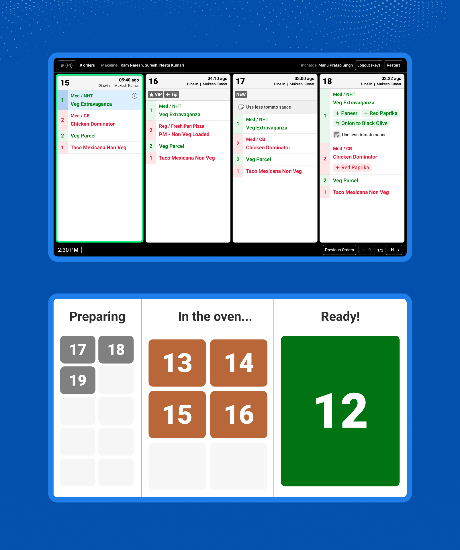 Redesigned Kitchen Display System with order tagging, and the customer-facing Preparing / In the oven / Ready order-status display