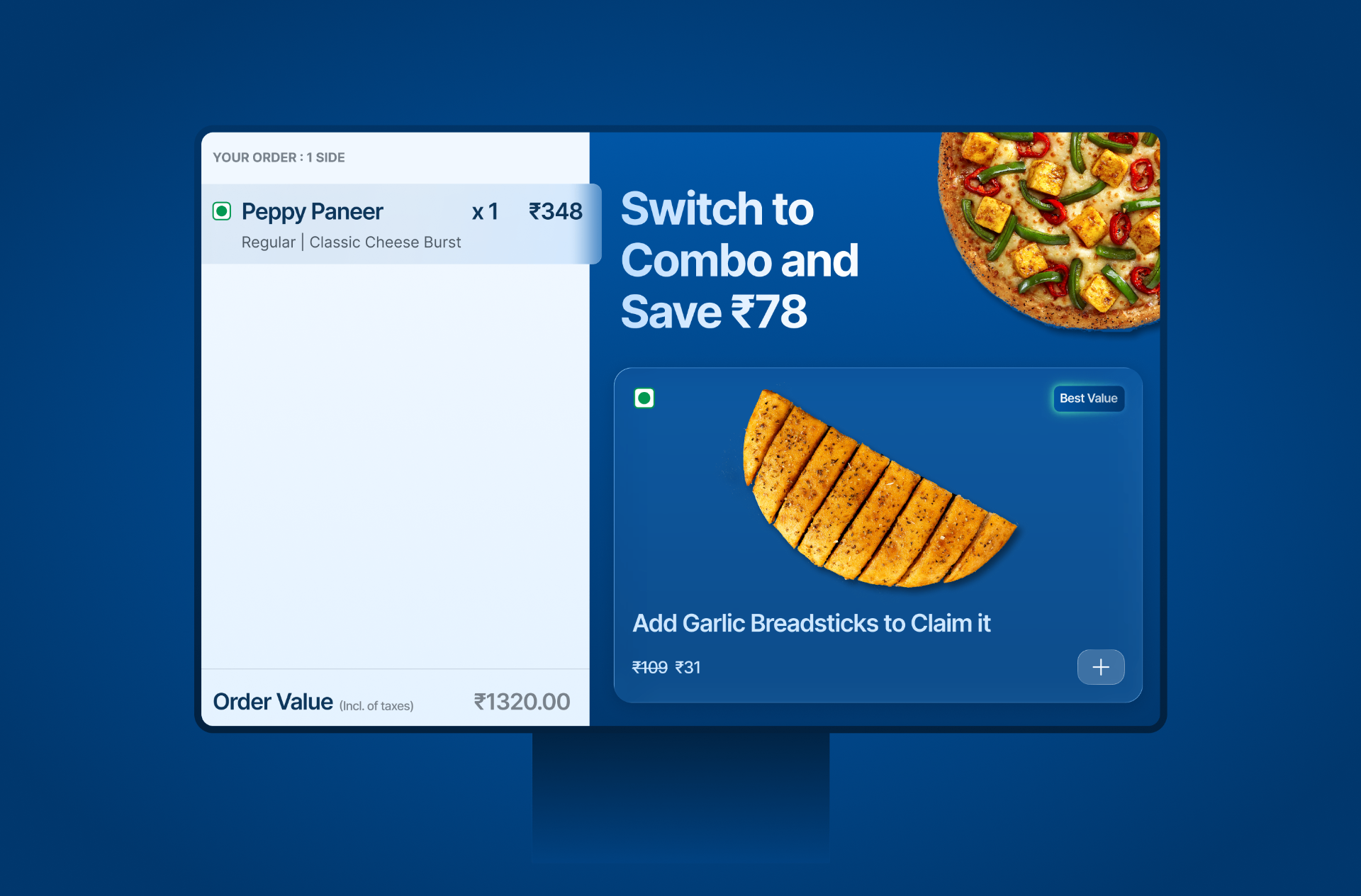 CFPOS combo upsell screen showing Switch to Combo and Save ₹78