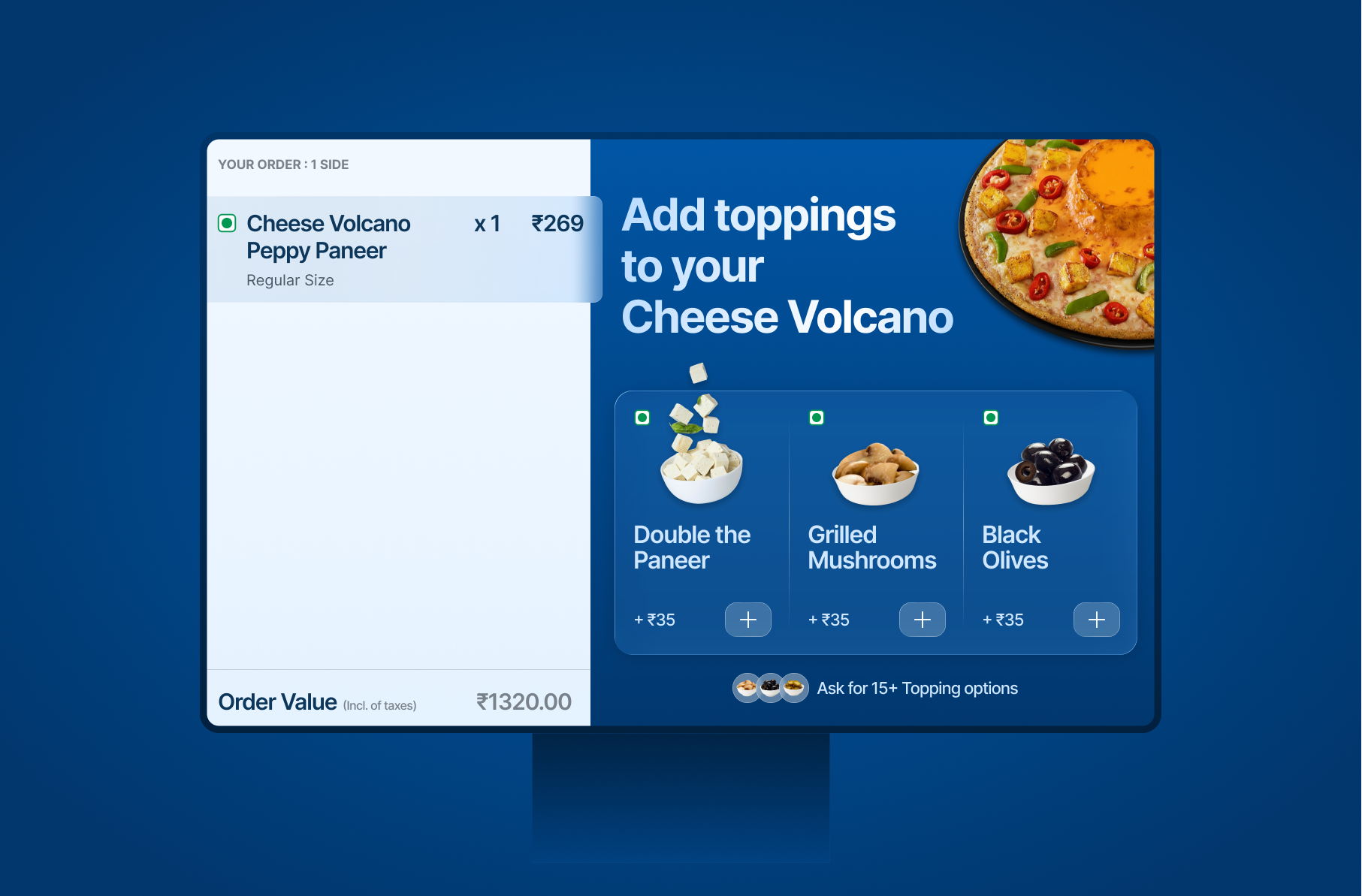 CFPOS smart suggestions screen showing topping add-ons for a Cheese Volcano pizza